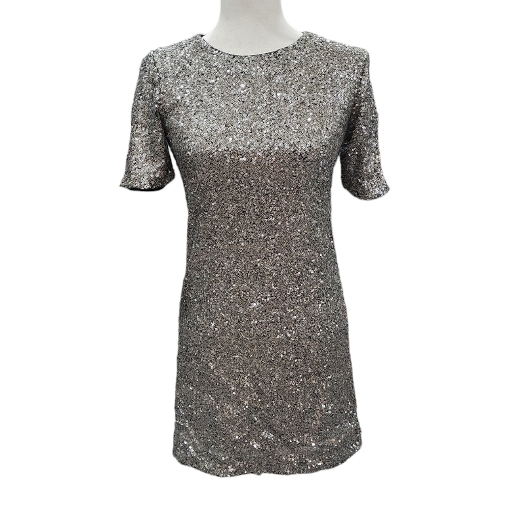EUC like new Sequins Kazo women's silver sparkling short sleeve mini dress, XS